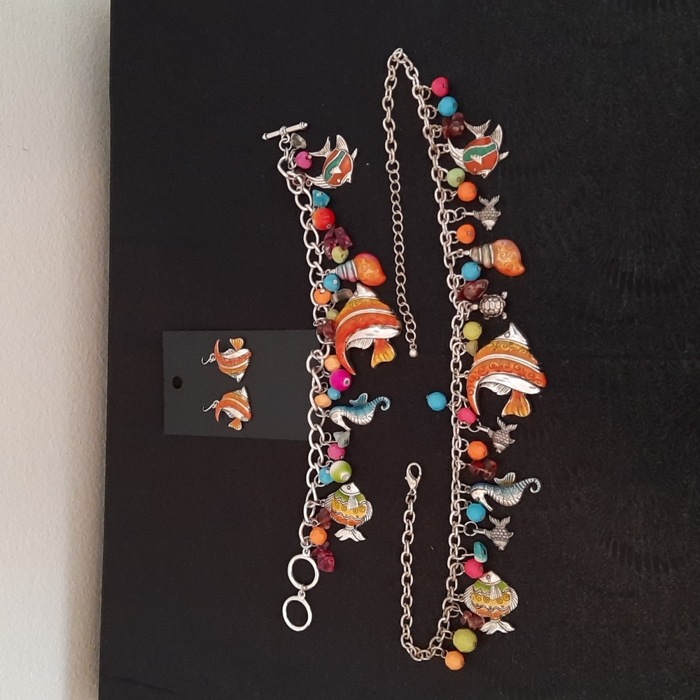 Whimsical Beachy Tropical Charm Necklace, Bracelet & Earring Set